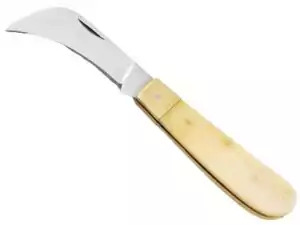 Folding boline ritual knife with white bone handle — 7-inch Wiccan cutting knife with curved blade for herb harvesting, candle carving, and ritual cord cutting.