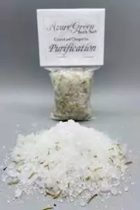 Purification Bath Salts 5oz small container — ritual bath salt blend for spiritual cleansing, negative energy removal, and restoring inner clarity in ritual bathing.
