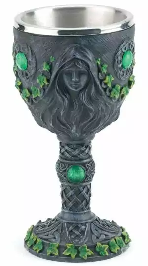 Maiden, Mother & Crone Triple Goddess chalice 7.5 inch — decorative ritual goblet with ivy motifs, flowing figure with green accents, and metallic interior for Wiccan altar and ceremony use.