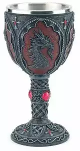 7.5-inch dragon chalice altar cup — gothic resin ritual vessel with sculpted dragon figures wrapping the stem for ceremonial magic and libation work.