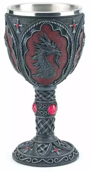 7.5-inch dragon chalice altar cup — gothic resin ritual vessel with sculpted dragon figures wrapping the stem for ceremonial magic and libation work.
