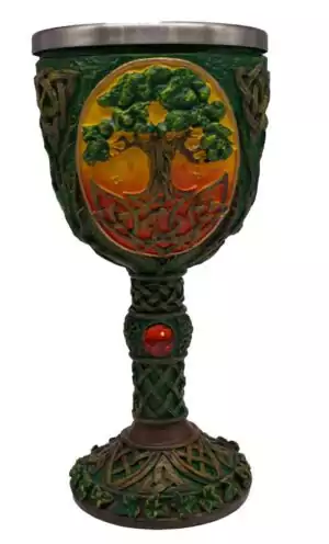 Tree of Life Chalice 7.25 inches tall — hand-painted cold cast resin cup with stainless steel insert, showing Tree of Life design on the base for Wiccan ritual and altar use.