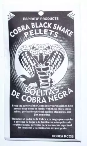 Black and white Cobra Black Snake Pellets packaging featuring a cobra illustration and bilingual English/Spanish text for the ritual fire curio.