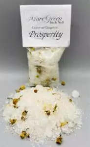 Prosperity Bath Salts 5oz container — ritual bath salt blend with herbs and aromatic oils charged for money drawing, abundance spells, and prosperity ritual bathing.