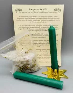 Prosperity Bath Kit — mini ritual bath set with prosperity supplies and instruction for working money-drawing and good luck bath spells through elemental water ritual.