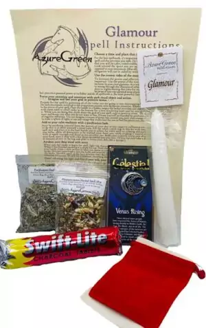 Glamour ritual candle kit — guided home intention set for self-expression and confidence with dressed candle and instruction card for beauty magic.
