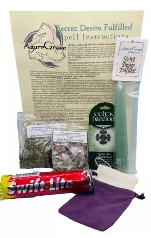 Secret Desire Fulfilled Ritual Candle Kit — home intention ritual set with candle and instruction for focusing on private wishes and desires through symbolic candle practice.