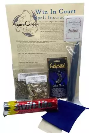 Win In Court ritual candle kit — dressed intention candle and instruction components in packaging for legal justice focus and court case petition work.