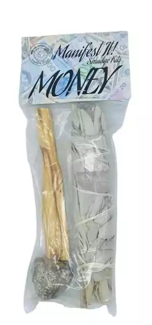 Money Manifest It smudge kit with pyrite crystal, white sage bundle, and palo santo stick, a ritual abundance kit for clearing and attracting prosperity.