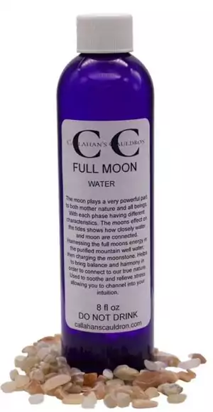 8oz glass bottle of Full moon water β ritual-charged lunar water for spells, cleansing, and altar offerings.