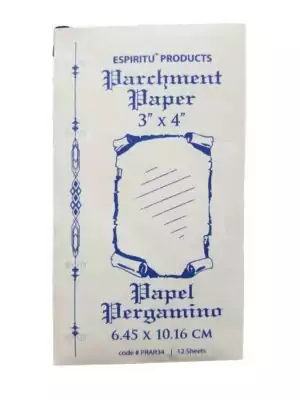 Parchment paper 3 by 4 inch 12-pack by Espiritu — small format ritual paper slips for writing spells, petitions, and magical symbols in candle magic and folk practice.