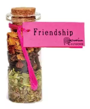 A small friendship pocket spellbottle sealed with cord and labeled, filled with social bonding herbs and intentions as a folk magic charm for cultivating loyal friendships.