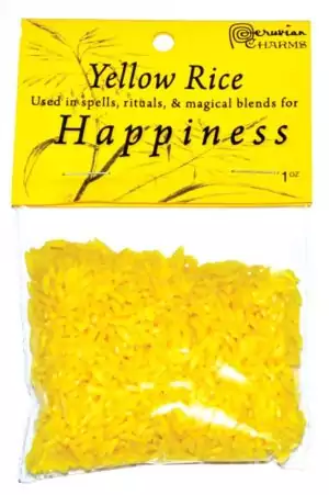 Small bag of happiness ritual rice blend 1oz for hoodoo joy spell and positive energy workings on white background