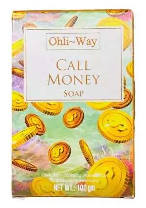 Ohli~Way Call Money Soap packaging featuring gold coins and money-drawing imagery — a 100g ritual bath bar for financial empowerment and prosperity attraction.