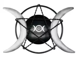 14-inch cast iron Triple Moon wall plaque featuring Maiden Mother Crone symbol — Wiccan altar and witchy home decor.