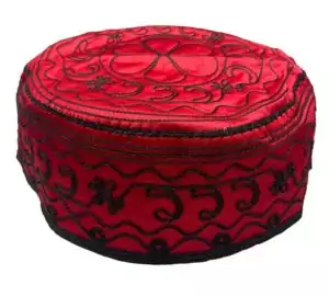 Elegua Santería ceremonial hat in traditional red and black orisha colors — ritual headwear for Lucumí Elegua crossroads and path-opening devotional practice.