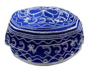 Yemaya Santería ceremonial hat in traditional blue and crystal orisha colors — ritual headwear for Lucumí Yemaya devotional practice and ceremony.