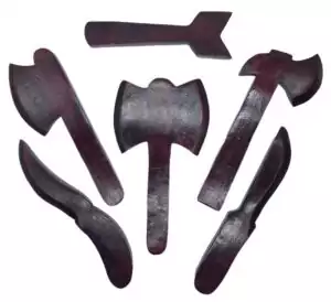 Shango orisha tools ritual set in red and white — traditional Santería implements for the Orisha of thunder and justice including double-axe Oshe symbol.