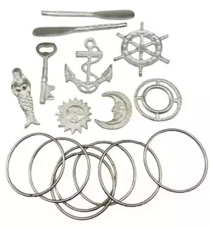 Yemaya Orisha tools ritual set — traditional Santería implements for devotion to the ocean goddess in blue and white colors.