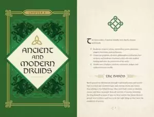 Interior page titled 'Ancient and Modern Druids' with ornate green typography and chapter introduction text on cream paper.