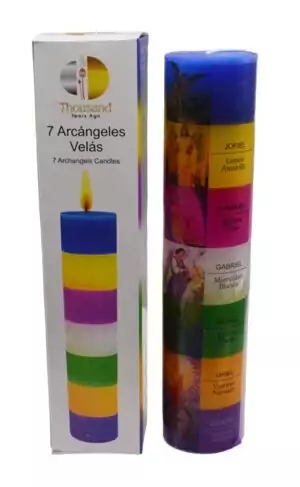 Tall multi-colored 7 Archangels pillar candle with seven distinct color bands, shown beside its informational label card.