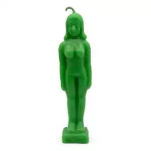 Green wax standing female figure candle representing the earth goddess for abundance fertility and growth ritual workings