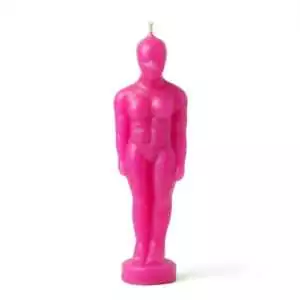 6.75-inch pink male figure candle cast in soft pink wax for love reconciliation and romantic attraction spellwork in folk magic tradition