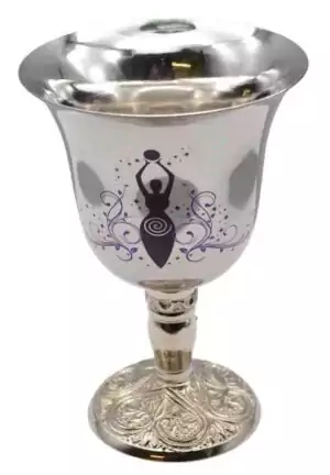 Decorative silver stainless steel chalice with stylized earth goddess figure design for Wiccan ritual libation and altar use