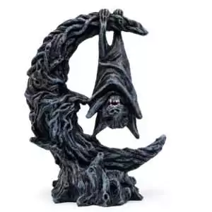 5.25-inch bat hanging on crescent moon decorative figurine in dark gothic style for Samhain altar and witchy home decor display