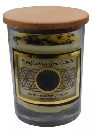 Purification gemstone soy candle showing crystal-infused wax surface for spiritual cleansing and aura purification ritual burning