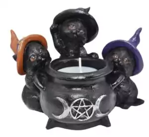 Polyresin Witchy Cats Cauldron tealight holder with three black cat figurines in colorful witch hats surrounding a small pentagram cauldron — cat and crescent moon altar decoration.