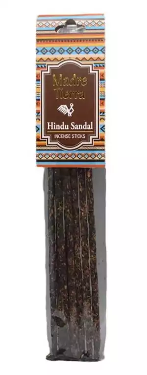 Pack of Madre Tierra Hindu Sandal incense sticks with a colorful label in the Madre Tierra artisan style, natural sandalwood sticks visible.