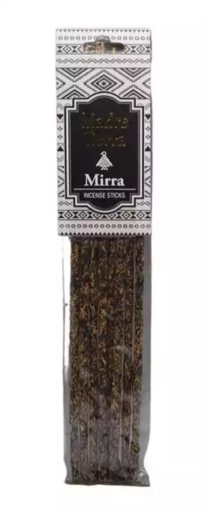 Pack of Madre Tierra Mirra myrrh incense sticks in a decorative geometric-label box, dark resin-embedded sticks visible beside the packaging.