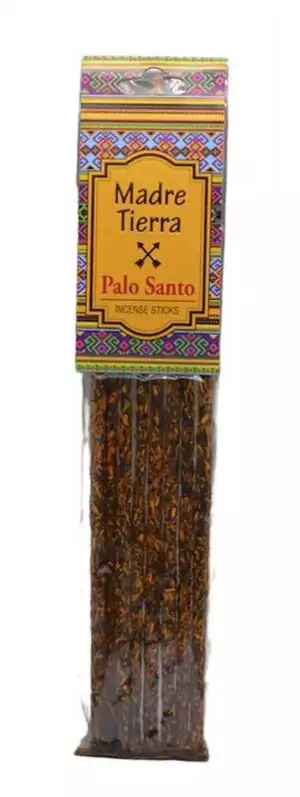 Palo Santo incense sticks from Madre Tierra — 8-pack packaged with colorful label showing sustainably sourced Bursera graveolens wood.