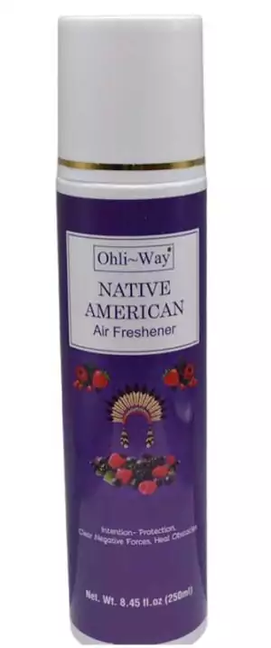 Purple pump spray can of Ohli~Way Native American air freshener with floral design and text describing spiritual cleansing purpose.