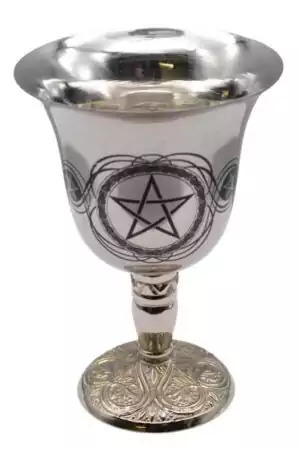 Stainless steel ritual chalice with a pentagram etched on the cup, ornate detailed stem, and a stable weighted base for altar use.