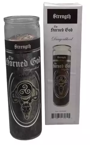Horned God dragonblood glass jar candle with black and white deity label — a 90-hour devotional ritual candle for Wiccan pagan altar and sabbat ceremony use.