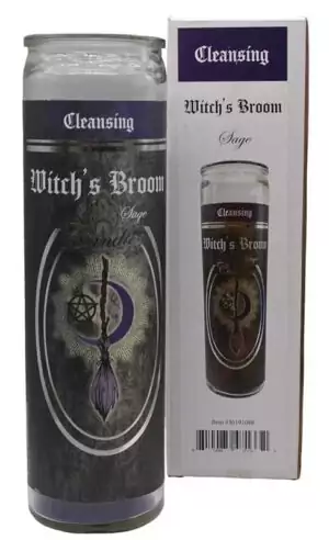 Witch's Broom sage scented 90-hour ritual jar candle with besom symbolism label for cleansing protection and sabbat ceremony use