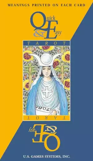 Quick and Easy Tarot Deck box cover — colorful design featuring a robed figure with cross, emphasizing the keyword-on-card beginner-friendly 78-card RWS tarot approach.