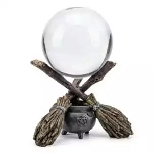 100mm clear glass gazing ball on witch broom and cauldron display stand for scrying divination and altar centerpiece decoration