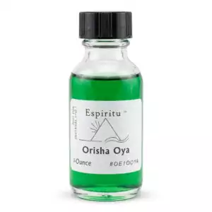 Espiritu Orisha Oya ritual aroma oil 1oz bottle with label, devotional oil for invoking Oya the Orisha of transformation and storms