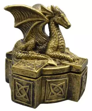 5-inch Celtic dragon carved keepsake box with intricate dragon motif lid, wooden storage box for tarot cards crystals and ritual tools