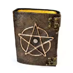Pentagram stone leather journal with aged paper pages and metal latch closure, witch grimoire for spells and ritual notes