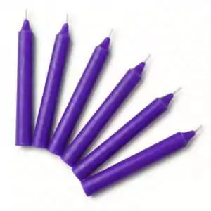 Set of 6 purple 6-inch household taper candles showing rich purple coloring for psychic development and divination ritual work