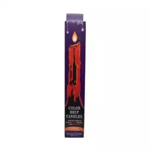 Set of 2 red black and orange drip taper candles for ritual spellwork showing dramatic wax drip coloring for altar and candle magic use