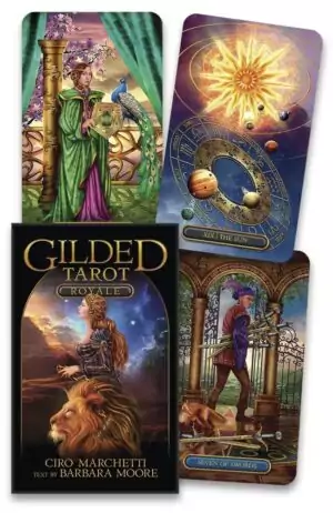 Gilded Tarot Royale deck box and cards by Marchetti and Moore showing ornate gold-foil RWS-structure tarot art with jewel tones