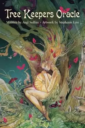 Oracle card with a figure intertwined with a tree surrounded by butterflies and vibrant foliage from the Tree Keepers Oracle deck