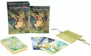 Tree Keepers Oracle deck set with cards guidebook and drawstring bag featuring vibrant nature-themed illustrations on a plain background