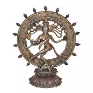 Bronze-tone resin 9-inch Shiva Nataraja statue showing the Hindu deity in cosmic dance pose within a flaming ring