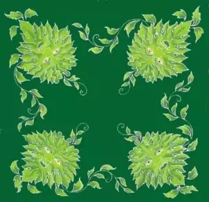 Green Man caftan garment showing 3-foot square pagan print with foliate face motif, ritual wear for druid and nature spiritual practice